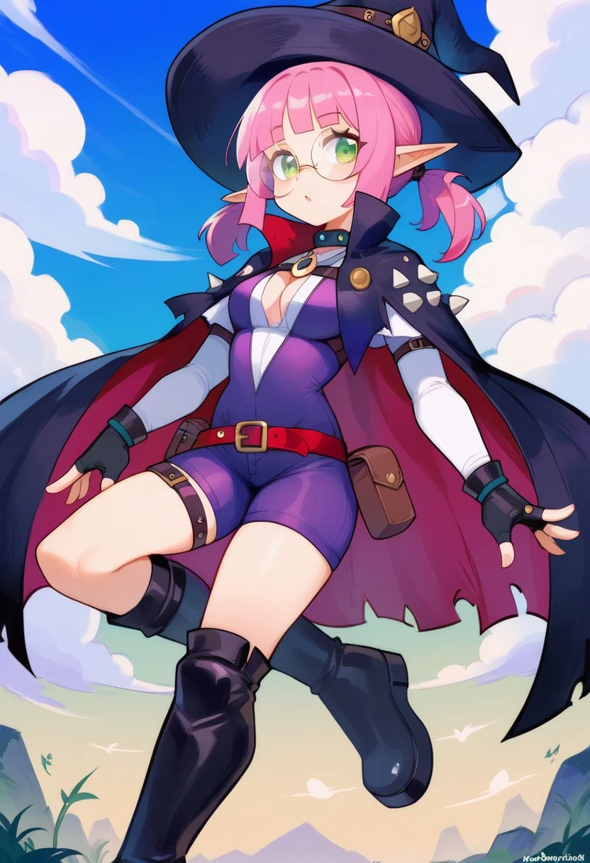 score_9, score_8_up, score_7_up, score_6_up, score_5_up, ARKNIGHTS NOBODY, Full Body, 1girl, solo, ((pink hair), very short hair, short twin low ponytails, twin low ponytails), elf ears, round glasses, green eyes, young girl, slim build, exposed legs, light skin, mage outfit, purple witch hat, dark violet corset, ((bodysuit, fingerless gloves, purple accents in outfit)), purple low boots, leather mid-calf boots, feathered collar, belt with pouches, belt with buckles, witch hat, vest, red belt, purple boots, short boots, center opening, thigh strap, pouches, necklace, pendant, chest harness, tattered cape, cape with tattered edges, witchxl,