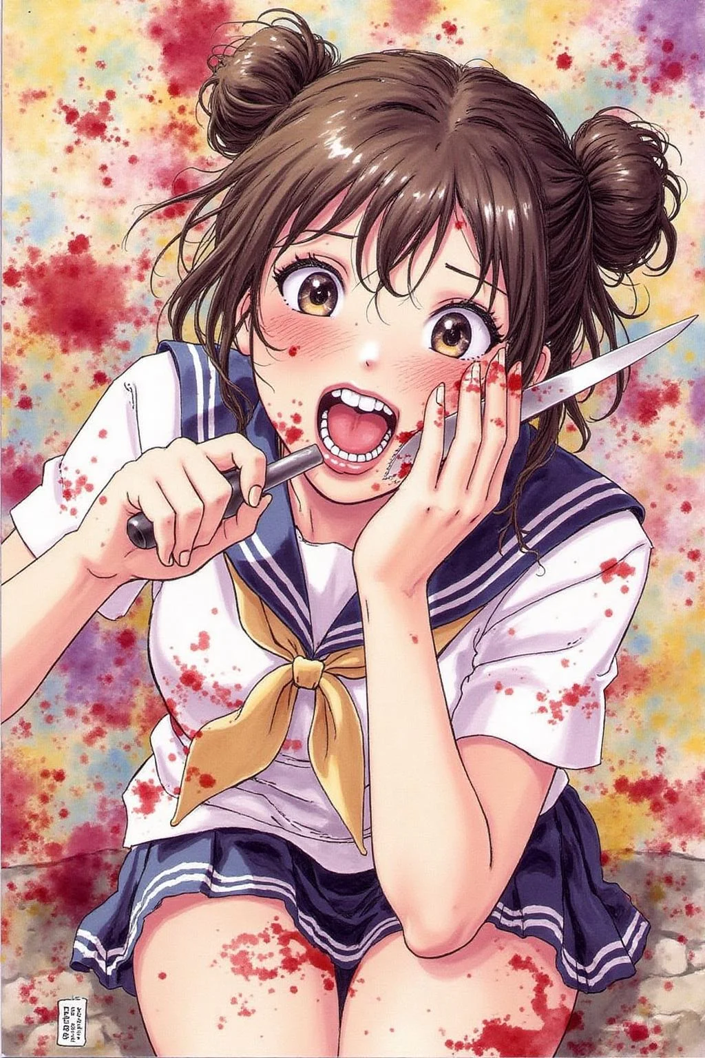 itacomic1 illustration. masterpiece, best quality, amazing quality, very aesthetic, absurdres, newest, scenery, 1girl, toga himiko, teeth, open mouth, blood on face, smile, double bun, crazy eyes, holding knife, hand on own cheek, upper body, school uniform backlighting, from above, dutch angle, , close-up, photorealistic, dutch angle, (colorful), from above, (((paint splatter))),fisheye, , masterpiece, best quality, amazing quality, very aesthetic, absurdres, newest, scenery, volumetric lighting  <lora:itacomic_mima_fl_d4a2e8:1.0><lora:800599204385911845:0>