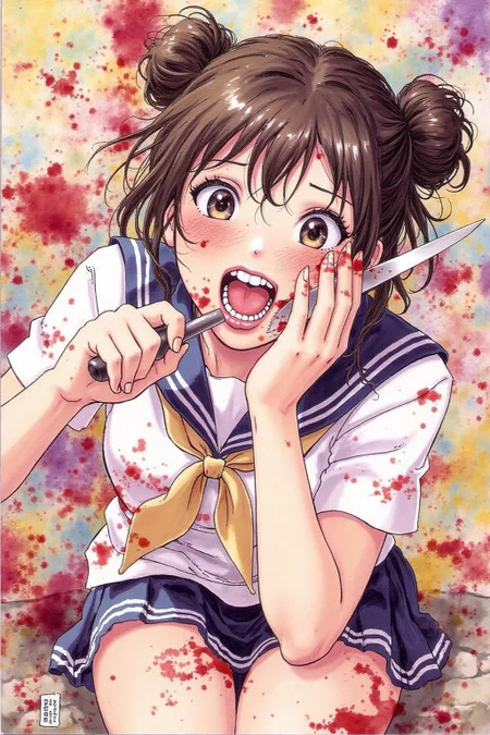 itacomic1 illustration. masterpiece, best quality, amazing quality, very aesthetic, absurdres, newest, scenery, 1girl, toga himiko, teeth, open mouth, blood on face, smile, double bun, crazy eyes, holding knife, hand on own cheek, upper body, school uniform backlighting, from above, dutch angle, , close-up, photorealistic, dutch angle, (colorful), from above, (((paint splatter))),fisheye, , masterpiece, best quality, amazing quality, very aesthetic, absurdres, newest, scenery, volumetric lighting  <lora:itacomic_mima_fl_d4a2e8:1.0><lora:800599204385911845:0>