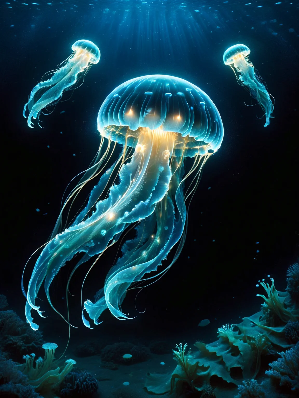 An ais-blmn jellyfish drifting through a dark, kelp-filled ocean <lora:ais-blmn-sdxl:1>