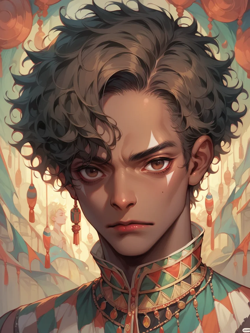 score_9, score_8_up, score_7_up, score_6_up, 1boy, <lora:c1rcusstyl3XLP:0.7> c1rcusstyl3, dark skin, short hair, brown eyes, makeup, African man
