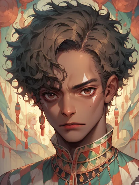 score_9, score_8_up, score_7_up, score_6_up, 1boy, <lora:c1rcusstyl3XLP:0.7> c1rcusstyl3, dark skin, short hair, brown eyes, makeup, African man