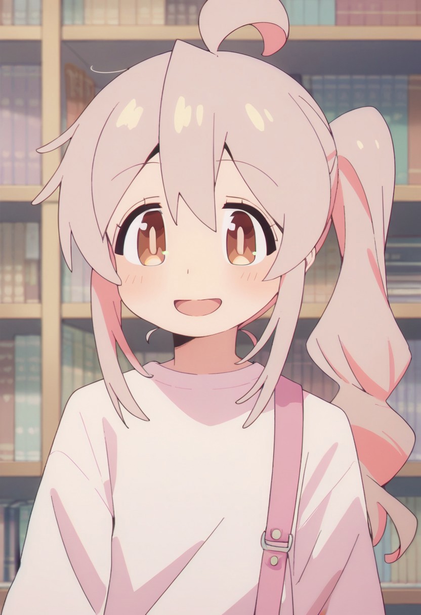 score_9, score_8_up, score_7_up, source_anime,oyama mahiro, long hair, pinkish-gray hair, brown eyes, 1girl,solo, smile, ahoge, open mouth, side ponytail, blush, bookshelf, bag, upper body, :d