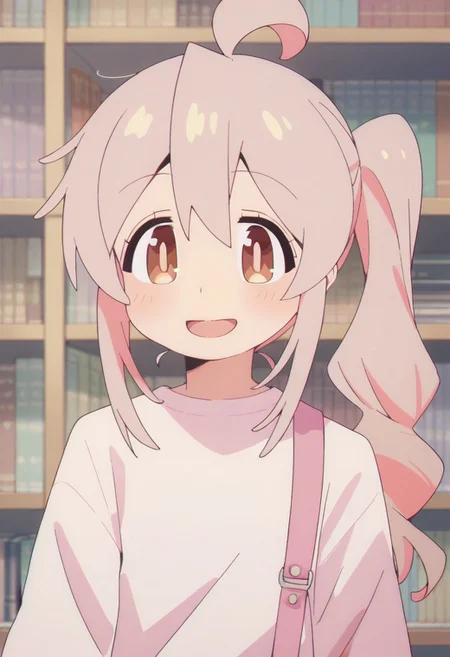 score_9, score_8_up, score_7_up, source_anime,oyama mahiro, long hair, pinkish-gray hair, brown eyes, 1girl,solo, smile, ahoge, open mouth, side ponytail, blush, bookshelf, bag, upper body, :d