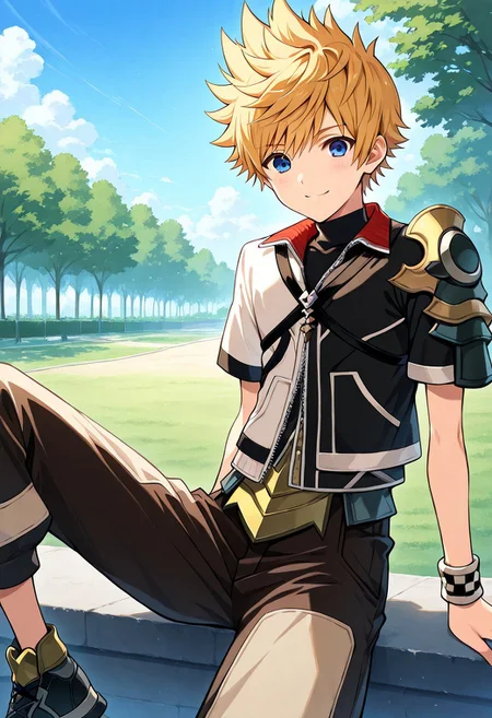 score_9, score_8_up, score_7_up, source_anime, prefect lighting, very aesthetic, intricate details, highly detailed background, masterpiece, high quality, prefect hands, best quality, ventus, 1boy, male focus, solo, blue eyes, blonde hair, spiked hair, shirt, black shirt, turtleneck, jacket, multicolored jacket, multicolored clothes, black jacket, white jacket, lapels, red lapels, zipper, zipper pull tab, short sleeves, shoulder armor, wristband, multicolored pants, black pants, brown pants, capri pants, shoes, sitting, gentle smile, looking at viewer, outdoors, park, blue sky, clouds, cowboy shot, dutch angle