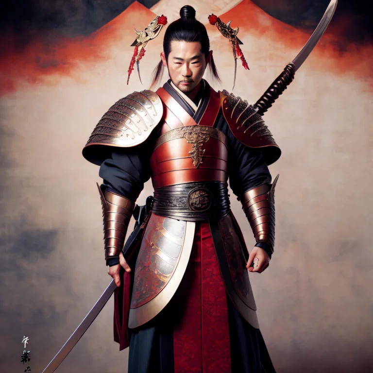 photo, painting of a man in armor holding a sword (FantasyDaimyo style:1) <lora:djzFantasyDaimyoV21:0.8>