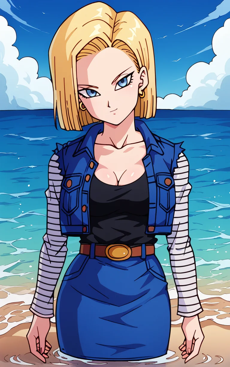 score_9, score_8_up, score_7_up, BREAK
MainOutfit_Android18_ownwaifu, android 18,
1girl, blonde hair, blue eyes, eyelashes, forehead, short hair, earrings, jewelry, collarbone, breasts, medium breasts, straight hair,
denim jacket, long sleeves, blue jacket, vest, striped sleeves, blue skirt, belt, denim skirt, black shirt, black pantyhose, torn sleeves, brown belt, striped, pencil skirt, cleavage, pants, sleeveless jacket,
(wading, beach), head tilt, sidelighting, ocean, sky, water, caustics, cowboy shot, <lora:PONYXL_DragonBall_Android18_ownwaifu:0.8> , depth of field, solo,