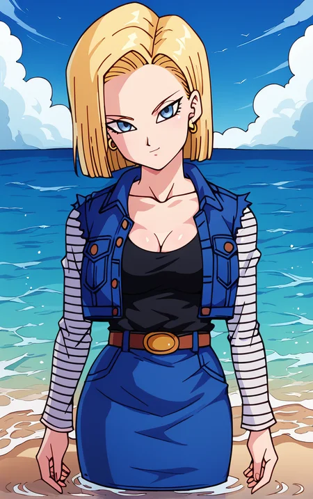 score_9, score_8_up, score_7_up, BREAK
MainOutfit_Android18_ownwaifu, android 18,
1girl, blonde hair, blue eyes, eyelashes, forehead, short hair, earrings, jewelry, collarbone, breasts, medium breasts, straight hair,
denim jacket, long sleeves, blue jacket, vest, striped sleeves, blue skirt, belt, denim skirt, black shirt, black pantyhose, torn sleeves, brown belt, striped, pencil skirt, cleavage, pants, sleeveless jacket,
(wading, beach), head tilt, sidelighting, ocean, sky, water, caustics, cowboy shot, <lora:PONYXL_DragonBall_Android18_ownwaifu:0.8> , depth of field, solo,