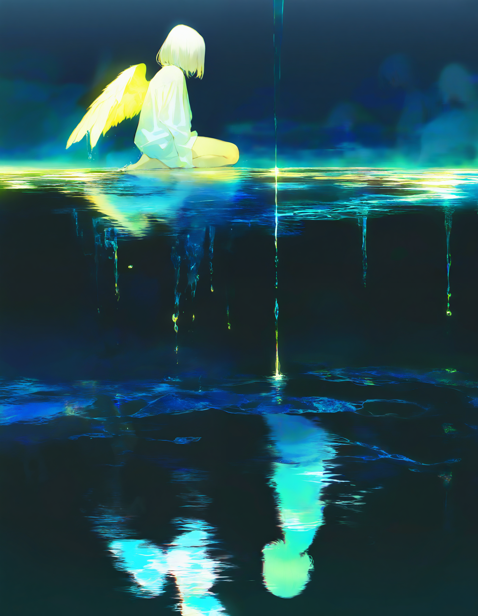 masterpiece, newest,absurdres,incredibly absurdres, 0__11Xx_illu,<lora:0__11Xx:1>  , wings, solo, short hair, 1girl, barefoot, dripping, long sleeves, shirt, angel wings, glowing, white shirt, night, white hair, water, feathered wings, reflection, from side, black background,masterpiece, best quality, amazing quality, very aesthetic, absurdres, newest, (scenery, volumetric lighting),