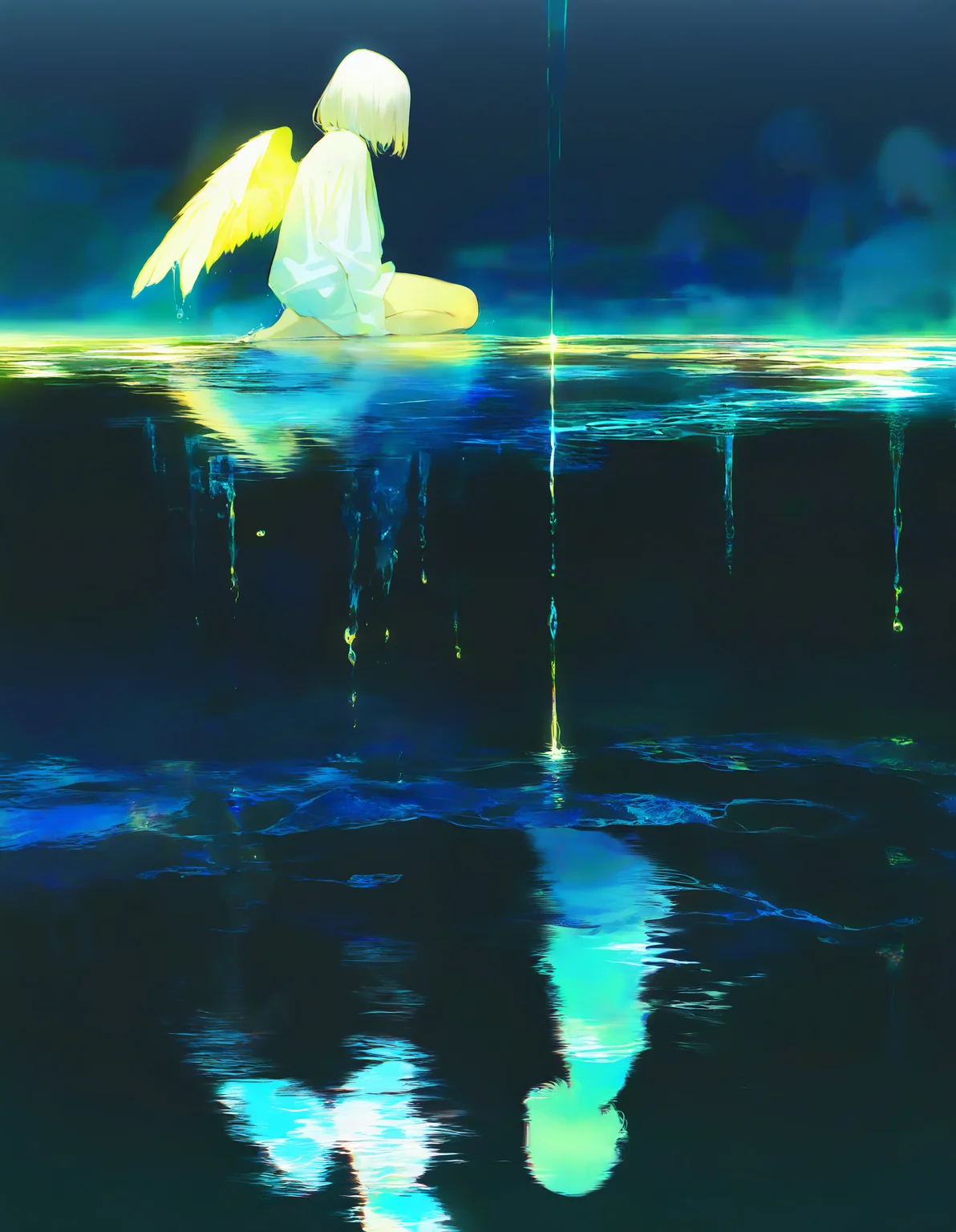masterpiece, newest,absurdres,incredibly absurdres, 0__11Xx_illu,<lora:0__11Xx:1> , wings, solo, short hair, 1girl, barefoot, dripping, long sleeves, shirt, angel wings, glowing, white shirt, night, white hair, water, feathered wings, reflection, from side, black background,masterpiece, best quality, amazing quality, very aesthetic, absurdres, newest, (scenery, volumetric lighting),