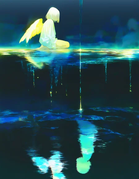 masterpiece, newest,absurdres,incredibly absurdres, 0__11Xx_illu,<lora:0__11Xx:1>  , wings, solo, short hair, 1girl, barefoot, dripping, long sleeves, shirt, angel wings, glowing, white shirt, night, white hair, water, feathered wings, reflection, from side, black background,masterpiece, best quality, amazing quality, very aesthetic, absurdres, newest, (scenery, volumetric lighting),