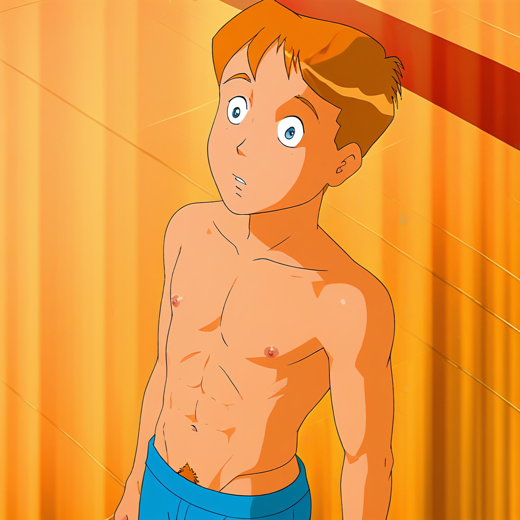 embedding:Pony\Positive\zPDXL3, masterpiece, best quality, good quality, male focus, jason_hightower_totally_spies, solo, aged up, 18 years old, 1boy, mature male, mature man's body, male focus, high resolution, slim body, outdoors, beach, sand, coney island, large head, wide head, short hair, reddish-orange hair, reddish-orange eyebrows, blue eyes, reddish-orange sideburns, reddish-orange thin goatee, topless male, blue swimtrunks, beach background, barechest, pectorals, nipples, navel, abs, pubic hair