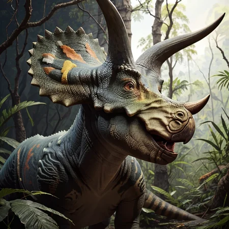 perfect exposure, colorful, masterpiece, best quality, <lora:Triceratops_Dinosaur_Dim32_Anime:0.8>, Triceratops_Dinosaur, Jurassic jungle, portrait, head,