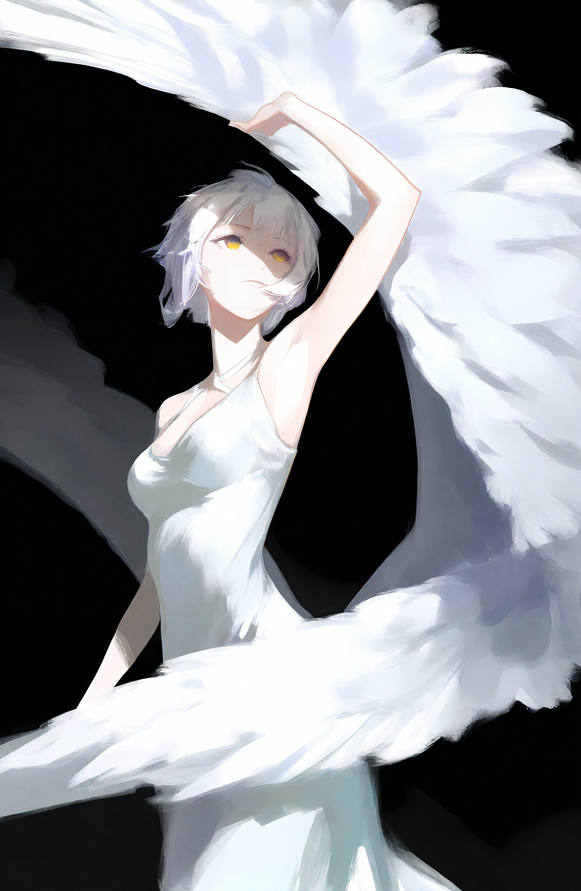 1girl, solo, breasts, short_hair, dress, yellow_eyes, white_hair, wings, armpits, white_dress, black_background, feathered_wings, angel_wings, white_wings