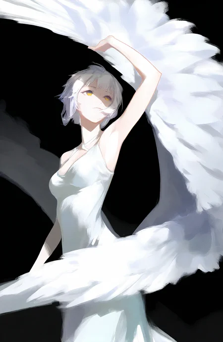1girl, solo, breasts, short_hair, dress, yellow_eyes, white_hair, wings, armpits, white_dress, black_background, feathered_wings, angel_wings, white_wings