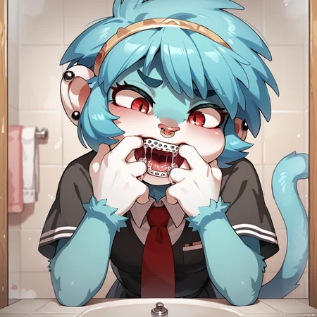 score_9,score_8_up,score_7_up,score_6_up,masterpiece,best_quality,detailed,(1girl),furry,
<lora:Shiliu_-_Diives_Xinguo_Temple:0.7>,monkey girl,blue fur,white hands,hairband,nose piercing,ear piercing,short hair,blue hair,tail,
school uniform,western necktie,short tie,red tie,black dress,white collar,white sleeves,short sleeves,small breasts,
close-up,
bathroom,mirror,
holding own mouth open,teeth,braces,saliva,<lora:mizumizuni_style_pdxl_goofy:1>,