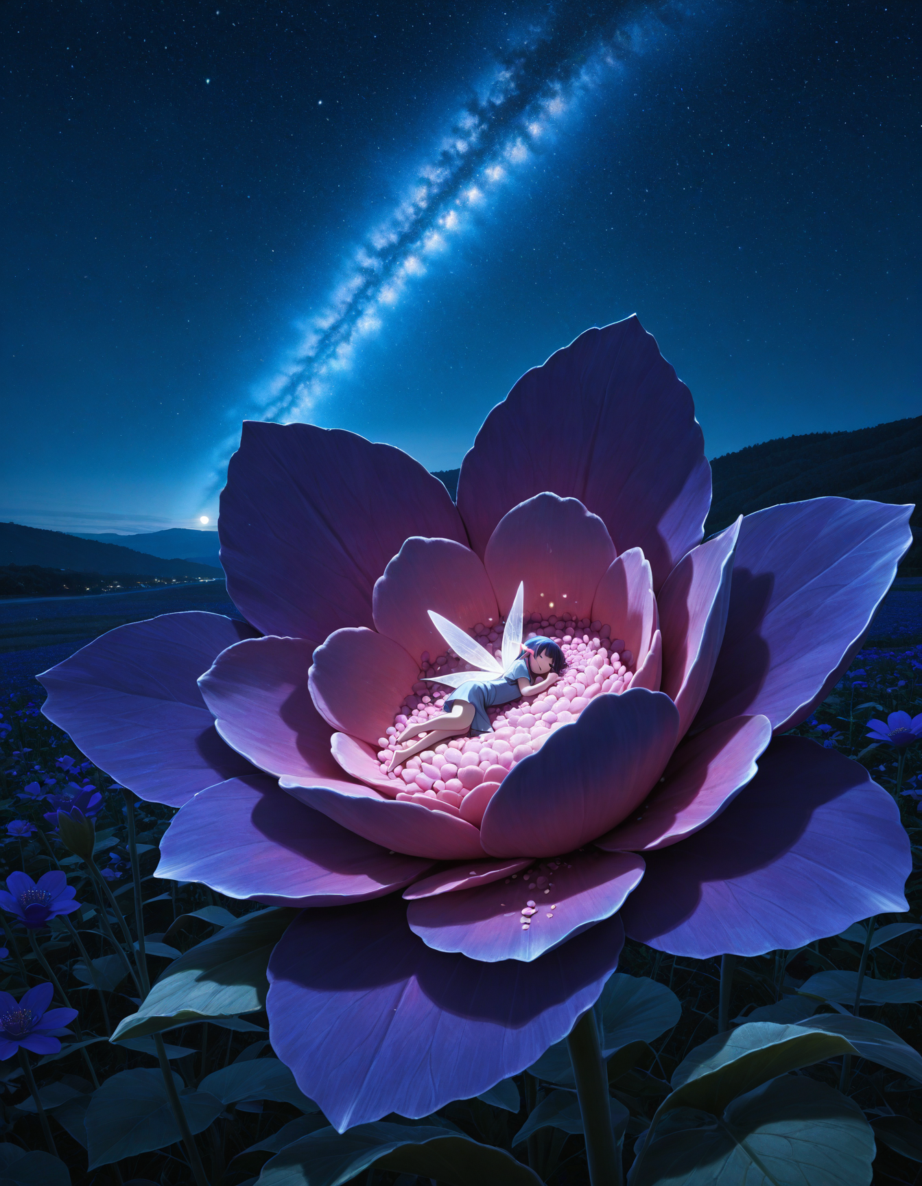 masterpiece, best quality, amazing quality,1girl, solo, minigirl, sleeping on giant flower, fairy, night, wings, photo background, detailed background, pollen, clothed, moonlight,happy, starry sky, solo focus, lying,