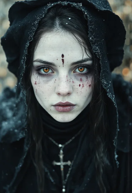 A super close-up — her face fills the frame like a haunting painting caught between beauty and death. Porcelain-pale skin, flawless yet unnatural, stretches like chilled marble over high cheekbones and a sharp, regal jaw. Fine cracks barely visible under soft, flickering candlelight suggest centuries of stillness — or strain. A single droplet of blood rests at the corner of her full, motionless lips, as if time itself had frozen mid-sin.
Her eyes — vast, ancient, and unblinking — dominate the image. Deep-set and glowing with a low, amber-red light, they shimmer like smoldering embers buried beneath centuries of ash. There is a shimmer of something unspoken in them: hunger, sorrow, prophecy. They do not look at you — they look through you, like the eyes of a cathedral statue suddenly aware of your presence.
The background dissolves into shadows, only the faint glint of her iron crown visible behind the veil of inky-black hair that clings to her skin like mist. Strands of it move unnaturally, as if breathing — alive with a will of their own. Around her neck, just barely visible at the edge of frame, hangs a thin silver chain with a blackened crucifix — upside down, faintly steaming in the cold air.
A subtle fog clings to her face, catching the soft gleam of moonlight filtering through unseen stained glass. The atmosphere vibrates with silence. Her expression is unreadable. Not cruel. Not kind. Simply inevitable.