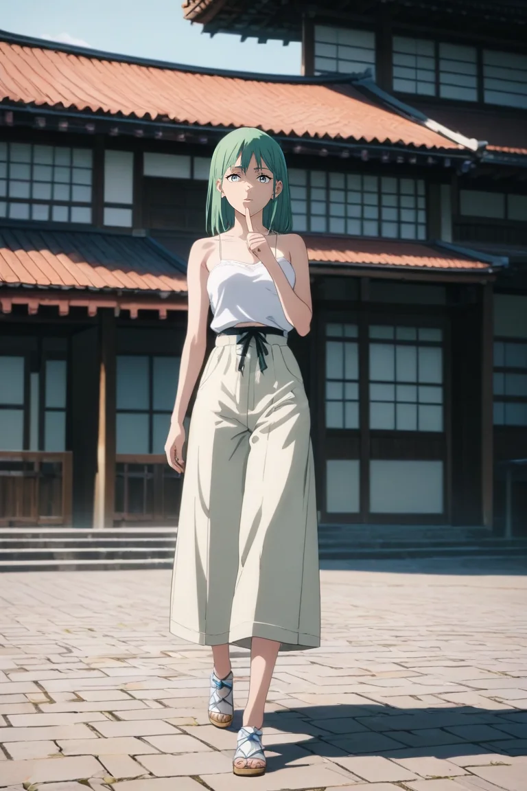 score_9, score_8_up, score_7_up, source_anime, rating_safe, , anime screencap, anime coloring, , , depth of field, 1girl, silver eyes, green hair, shirt, bare shoulders, pom-pom pants, lace trim, solo, wide angle, wide shot, full body, town, japanese architecture, indoors, dark, index finger raised, squinting, <lora:chainsaw_man_style_pony:0.9>, chainsaw_man_style, , <lora:sdxl_lightning_8step_lora:1>