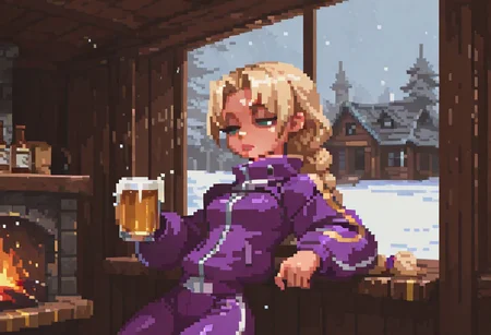 1girl,
flat color, (no lineart:1:2), (anime coloring:1.4), B1gd4d, pixel art, pixelart, pixel, Sinozick_illu, gradient, spot color, TLSS-ILV1.0, (muted color:1.5),
IllusP0s,
BREAK
1girl, solo, adult, blonde hair, long braid, braid over shoulder, single braid, arched_bangs, parted_bangs, curt4ined h4ir, green eyes, half lidded eyes, half closed eyes, bags under eyes, small breasts, slim, tall, puffy lips, lips,
(Baggy jacket, purple jacket, yellow stripes, white stripe, high collar jacket, ski jacket), (purple leggings, plum_\(color\), yellow stripes),
Hand on own chin, slouching, elbow on bar_\(furniture\), leaning on bar_\(furniture\), sad, tired, frown, sarcastic, looking away, holding drink, beer bottle,
BREAK
Cabin, lodge, ski lodge, log building, fireplace, window, blizzard outside window, snowstorm through window, interior,
masterpiece, very aesthetic, absurdres