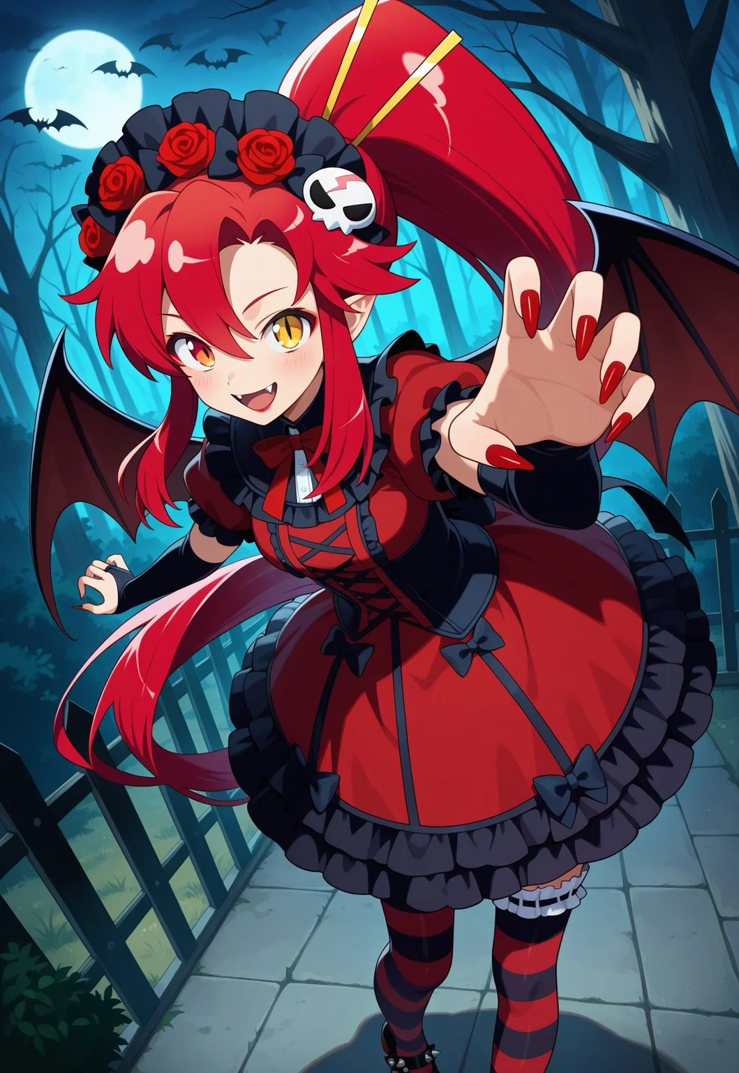 1girl, yoko littner, yellow eyes, red hair, long hair, ponytail, skull hair ornament, vampire girl, (heterochromia), red eyes, two-tone hair, hair bows, multiple hair bows, very long hair, gradient hair, multicolored hair, masterpiece, best quality, absurdres, wings, bat wings, slit pupils, pointy ears,
(gothic theme, lolitafashion:1.2), gothic lolitafashion, gothiclolita, gothic lolitadress, red victorian dress, gothic, dark, moody, red puffy dress, petticoat, red puffy sleeves, dark red colors, frilled skirt, gothic thighhighs, striped thighhighs, red gothic dress, elbow bridal gauntlets, gothic headdress, many bows, multiple bows, frills, frilled fabric, gothic lolitashoes,
red lipstick, eyeliner, blush, gothic makeup, red nails, long nails,
outdoors, nature, fence, spiked night, dark environment, fog, bats,
solo, standing, leaning forward, cowboy shot, dynamic pose, looking at viewer, open mouth, vampire fangs, fangs, smile, cute fangs, outstretched arms, foreshortening, reaching towards viewer, claw pose,
intricate, highly detailed, majestic, shallow depth of field, movie still, circular polarizer