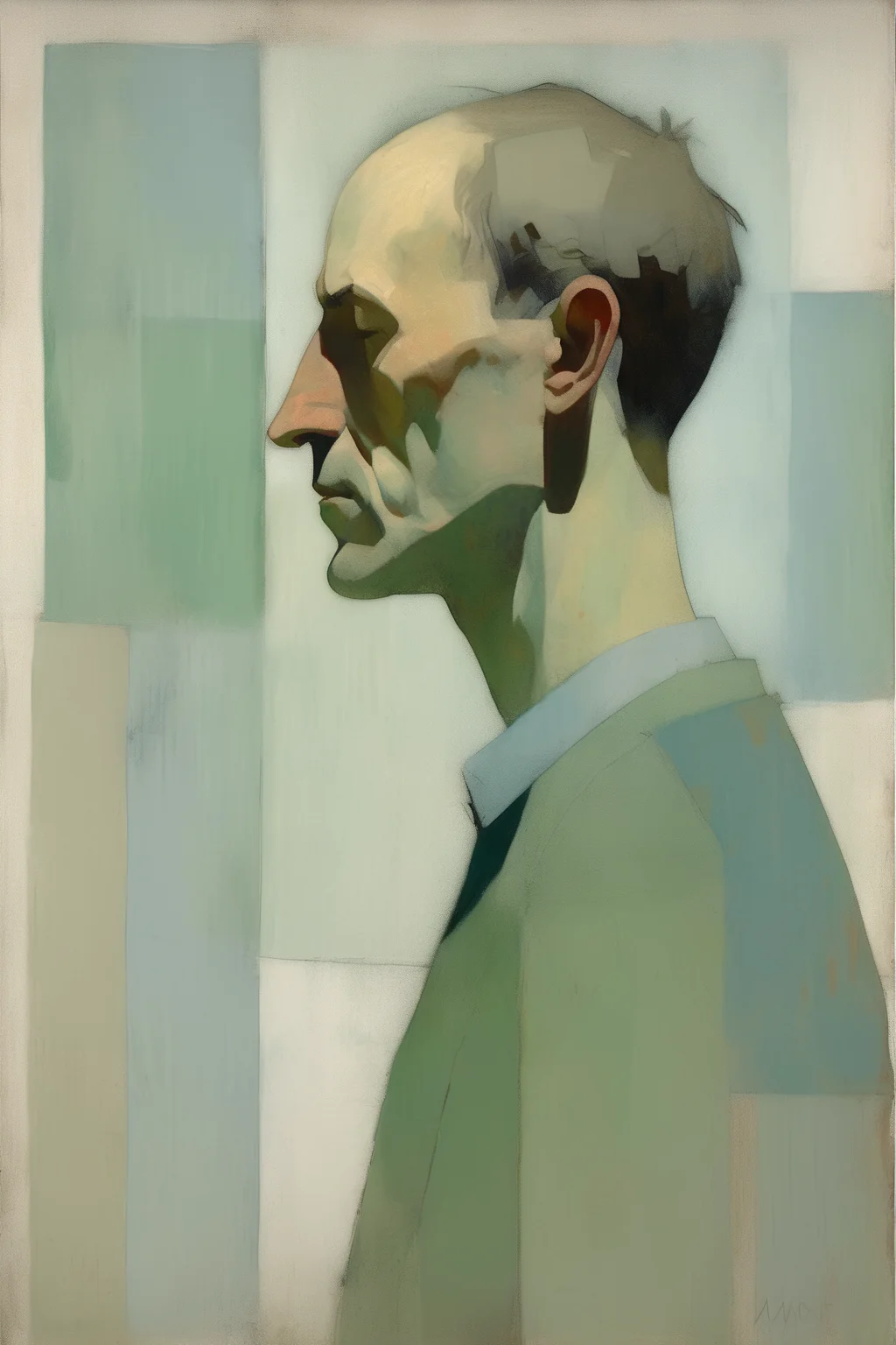 <lora:Euan Uglow Style:1>Euan Uglow Style - An oil painting of a man's profile, with a soft and muted color palette. The lines and shapes are simple, but carefully placed to capture the essence of his features. The background is a subtle gradient of blues and greens, suggesting a sense of calmness and serenity. Technique: Washes. Color Tone: Muted. Artist: Mark Rothko.