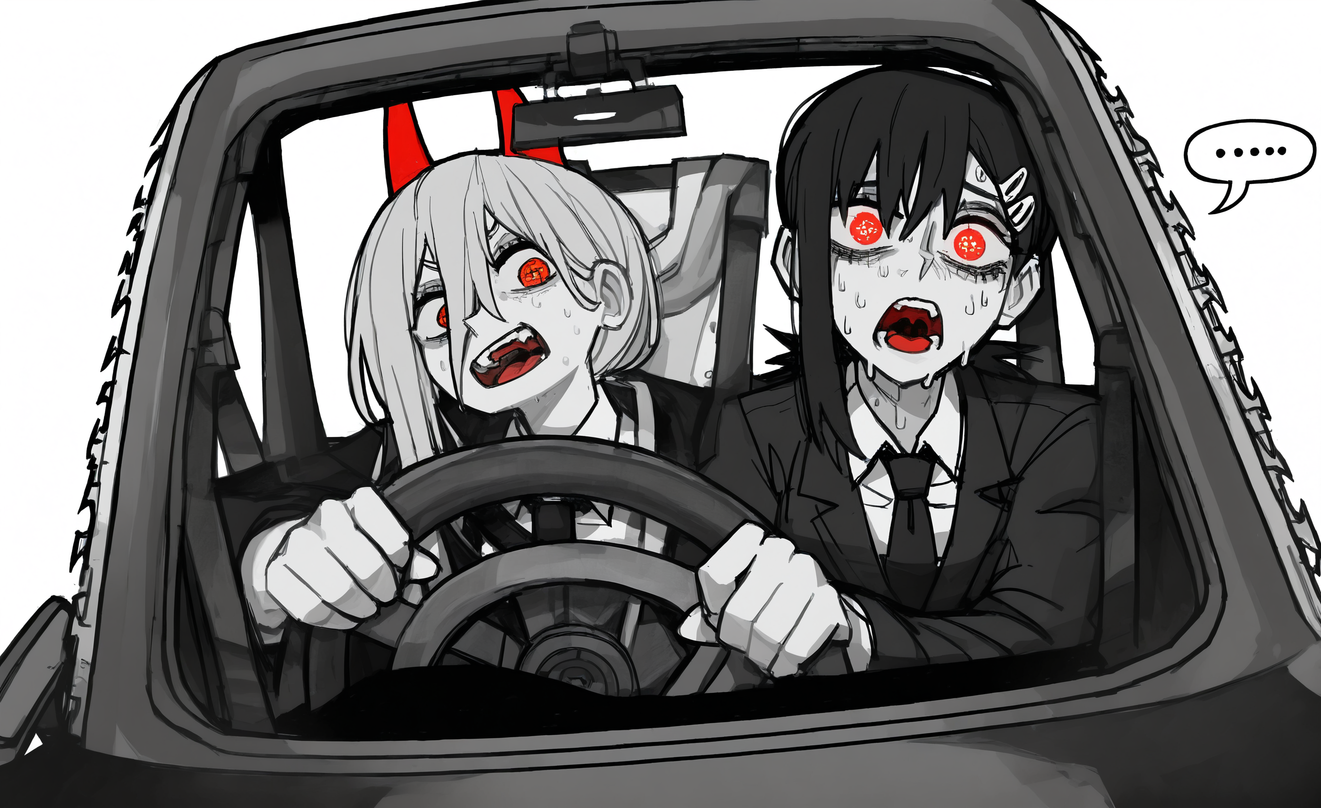 masterpiece, best quality, good quality, very aesthetic, absurdres, newest, higashiyama kobeni, power (chainsaw man), by vanripper, 2girls, cross-shaped pupils, driving, hair between eyes, horns, meme, multiple girls, necktie, nervous sweating, ponytail, power crashes kobeni's car (meme), red eyes, red horns, spoken ellipsis,steering wheel, suit, (surprised:1.2), sweat,spot color, symbol-shaped pupils, Open mouth,uvula,Red tongue,side by side,Exaggerated expression, looking_at_viewer,Extreme Close-Up, simple background,
Perspective, <lora:ponyv5_noobV065S_1_adamW-000013:0.7> <lora:USNR_STYLE_XL_lokr:0.45> <lora:745cmSDXLvpred75S:0.8>