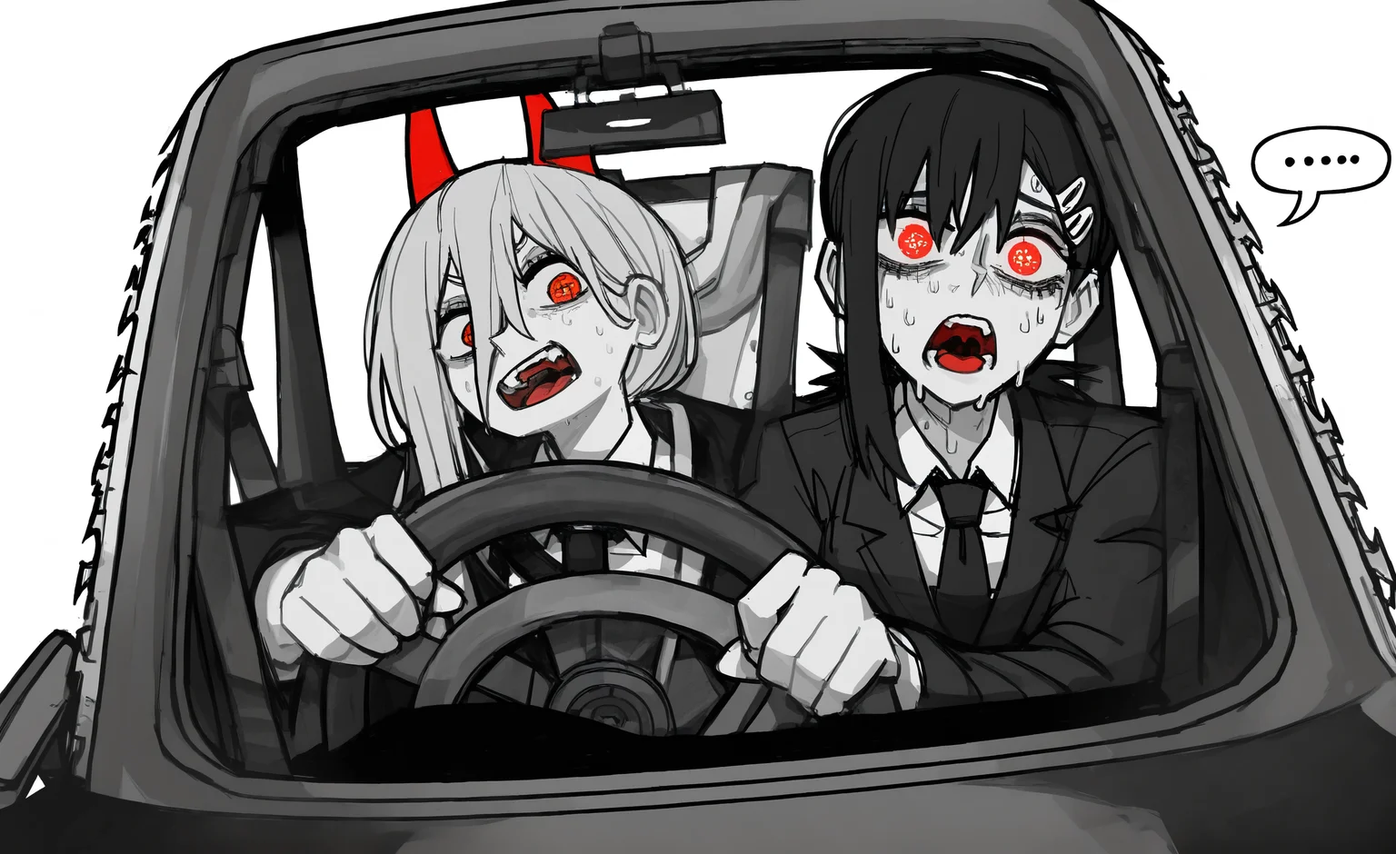 masterpiece, best quality, good quality, very aesthetic, absurdres, newest, higashiyama kobeni, power (chainsaw man), by vanripper, 2girls, cross-shaped pupils, driving, hair between eyes, horns, meme, multiple girls, necktie, nervous sweating, ponytail, power crashes kobeni's car (meme), red eyes, red horns, spoken ellipsis,steering wheel, suit, (surprised:1.2), sweat,spot color, symbol-shaped pupils, Open mouth,uvula,Red tongue,side by side,Exaggerated expression, looking_at_viewer,Extreme Close-Up, simple background,
Perspective, <lora:ponyv5_noobV065S_1_adamW-000013:0.7> <lora:USNR_STYLE_XL_lokr:0.45> <lora:745cmSDXLvpred75S:0.8>