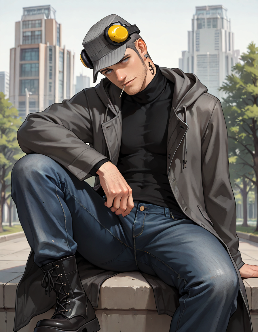 masterpiece, best quality, absurdres, newest, perfect quality, best quality, absolutely eye-catching, detailed background, intricate details, male focus, realistic, solo, <lora:Persona 5 - Munehisa Iwai - Illustrious 2_1-000006:0.7>, m_iwai, 1boy, mature male, grey hair, very short hair, grey eyes, long sideburns, stubble, neck tattoo, earrings, pinstripe hat, ear protection, grey long coat, black turtleneck, hood down, jeans, black boots, head tilt, come hither, looking at viewer, outdoors, city, trees, three quarter view, lollipopâââ in mouth, head tilt, sitting