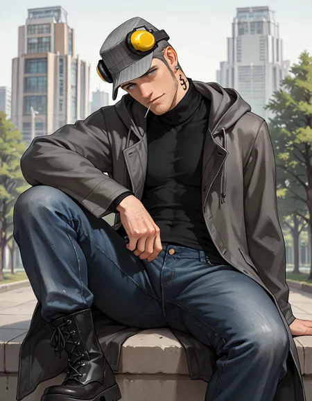 masterpiece, best quality, absurdres, newest, perfect quality, best quality, absolutely eye-catching, detailed background, intricate details, male focus, realistic, solo, <lora:Persona 5 - Munehisa Iwai - Illustrious 2_1-000006:0.7>, m_iwai, 1boy, mature male, grey hair, very short hair, grey eyes, long sideburns, stubble, neck tattoo, earrings, pinstripe hat, ear protection, grey long coat, black turtleneck, hood down, jeans, black boots, head tilt, come hither, looking at viewer, outdoors, city, trees, three quarter view, lollipopâââ in mouth, head tilt, sitting