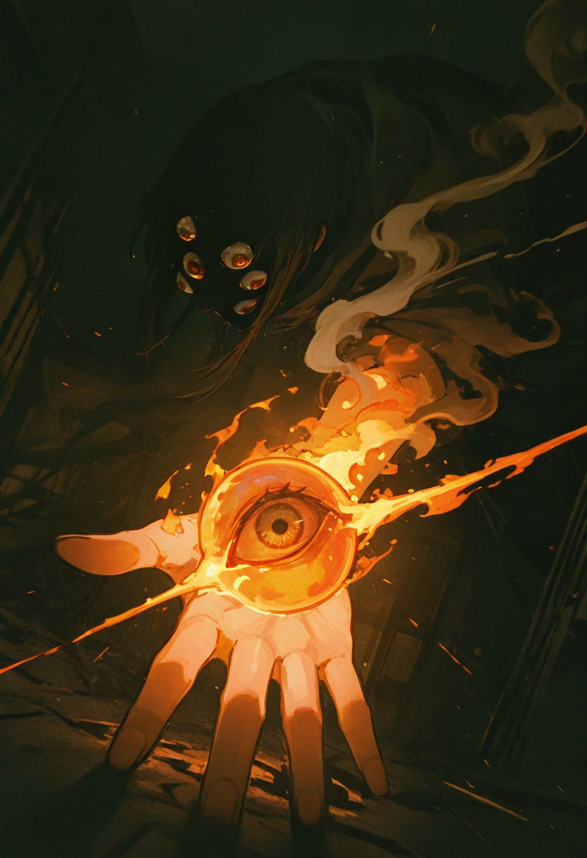 dynamic angle, unusual angle, dynamic, dynamic composition,
In the dim, flickering light, hand reaches out to catch creepy eyeball, its movements deliberate yet hesitant. fire pulse faintly, glowing like a dying ember, their light casting eerie shadows across the outstretched hand. The closer it gets, the air grows colder, heavy with an otherworldly presence. spectral wisps begin to unfurl, curling and twisting like smoke around creepy eye. Whispers fill the air—soft at first, but rising into a cacophony of tormented wails. The hand trembles as its fingers hover just above the eyeball, as though sensing the weight of the cursed power it is about to claim. fury.