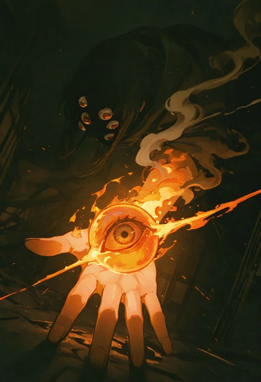 dynamic angle, unusual angle, dynamic, dynamic composition,
In the dim, flickering light, hand reaches out to catch creepy eyeball, its movements deliberate yet hesitant. fire pulse faintly, glowing like a dying ember, their light casting eerie shadows across the outstretched hand. The closer it gets, the air grows colder, heavy with an otherworldly presence. spectral wisps begin to unfurl, curling and twisting like smoke around creepy eye. Whispers fill the air—soft at first, but rising into a cacophony of tormented wails. The hand trembles as its fingers hover just above the eyeball, as though sensing the weight of the cursed power it is about to claim. fury.
