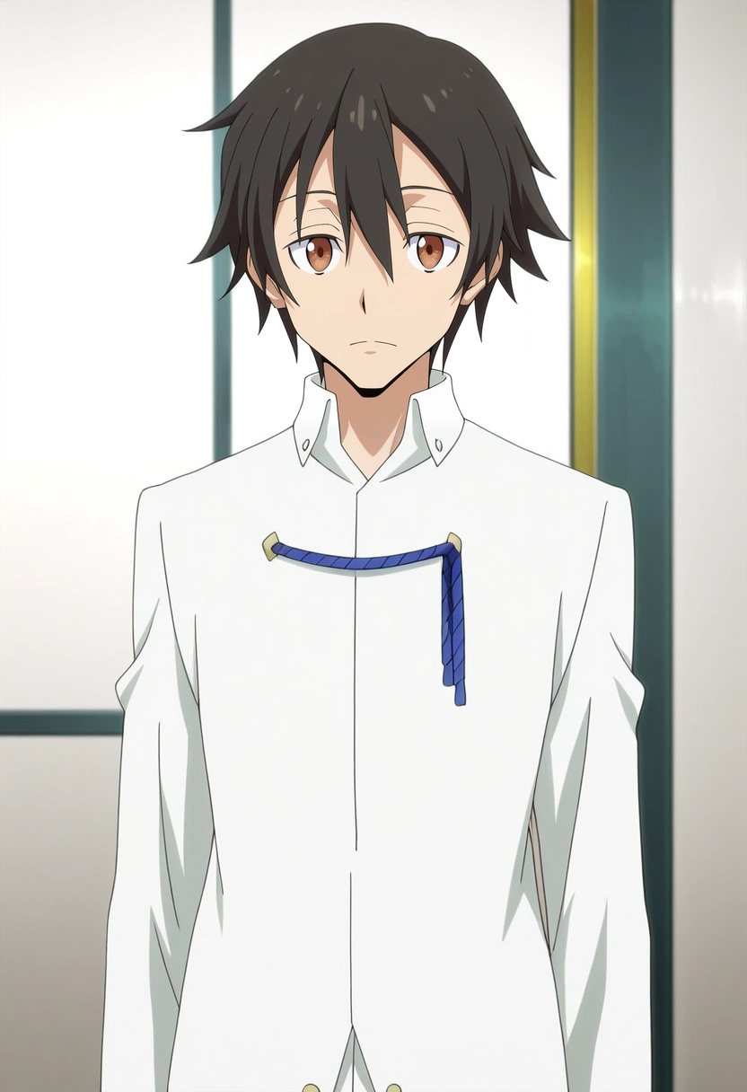 masterpiece, best quality, intricate details, anime screencap, , official style, looking at viewer, 1boy, solo, male focus, <lora:yuuki_kagurazaka_ilxl:0.9>, yuuki_kagurazaka, black hair, brown eyes, short hair, hair between eyes, white shite, collared shirt, blue ribbon, white pants,