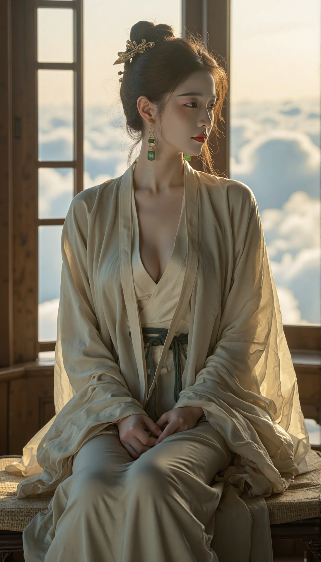 The young woman sits serenely in a late 19th or early 20th-century inspired room, her head slightly tilted as she gazes off into the distance. She wears a traditional Chinese outfit with an open v-neck design, revealing her breasts covered by the fabric. Her silk robe is draped elegantly over her shoulders and legs, characteristic of Hanfu.  The photographic style has shifted to a high-quality, detailed masterpiece in the manner of Vermeer or Renoir, capturing the textures of her clothing and the soft interplay of light on her skin with meticulous precision.  Instead of natural sunlight, the scene is bathed in a warm, golden hour glow. Her hair is styled in an intricate bun adorned with jade accessories, and her ears are decorated with ornate gold earrings. The background has transformed into a sea of clouds, creating a whimsical and otherworldly atmosphere.  This high-quality masterpiece retains the serene and contemplative mood of the original scene while incorporating new elements to create a unique and captivating image.. qingyi<lora:flux\ãéº¦æ©éè¡£ãMajicflus.safetensors:0.7000000000000001:0.7000000000000001> <lora:flux\majicbeauty1.safetensors:1.0:1.0>