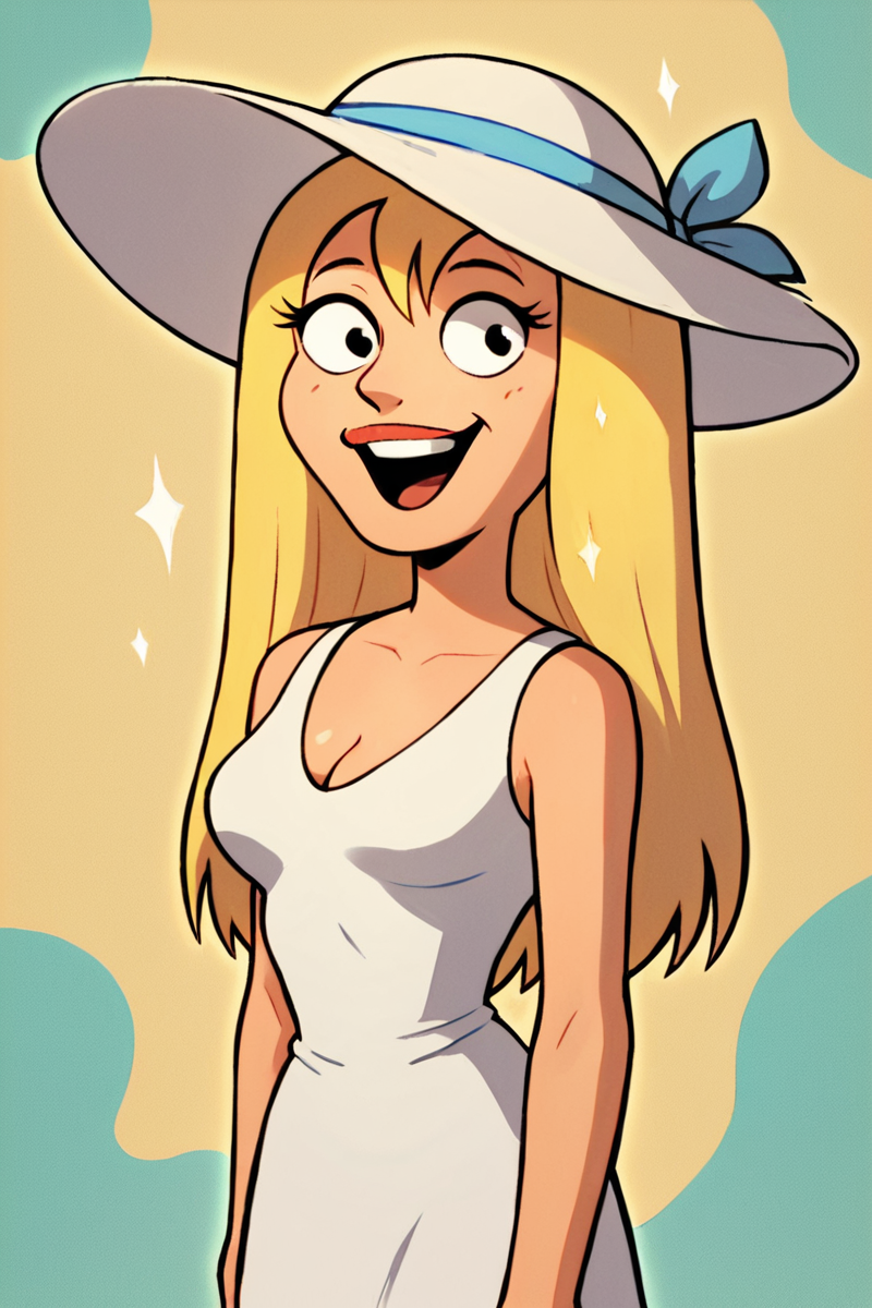 score_9, score_8_up, score_7_up, source_cartoon,
JillianRussell, 1girl, blonde hair, long hair, 
solo, cleavage, white dress, summer hat, happy,
abstract background, masterpiece, best quality,
<lora:JillianRussell_PonyXL:0.7>