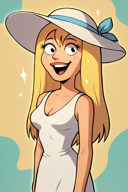 score_9, score_8_up, score_7_up, source_cartoon,
JillianRussell, 1girl, blonde hair, long hair,
solo, cleavage, white dress, summer hat, happy,
abstract background, masterpiece, best quality,
<lora:JillianRussell_PonyXL:0.7>