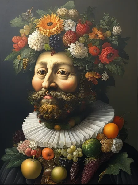 masterpiece,best quality,oil painting,illustration,bear,style of Giuseppe Arcimboldo,fruits,vegetables,flowers,fish and books,<lora:tbh108-sdxl:0.9>,