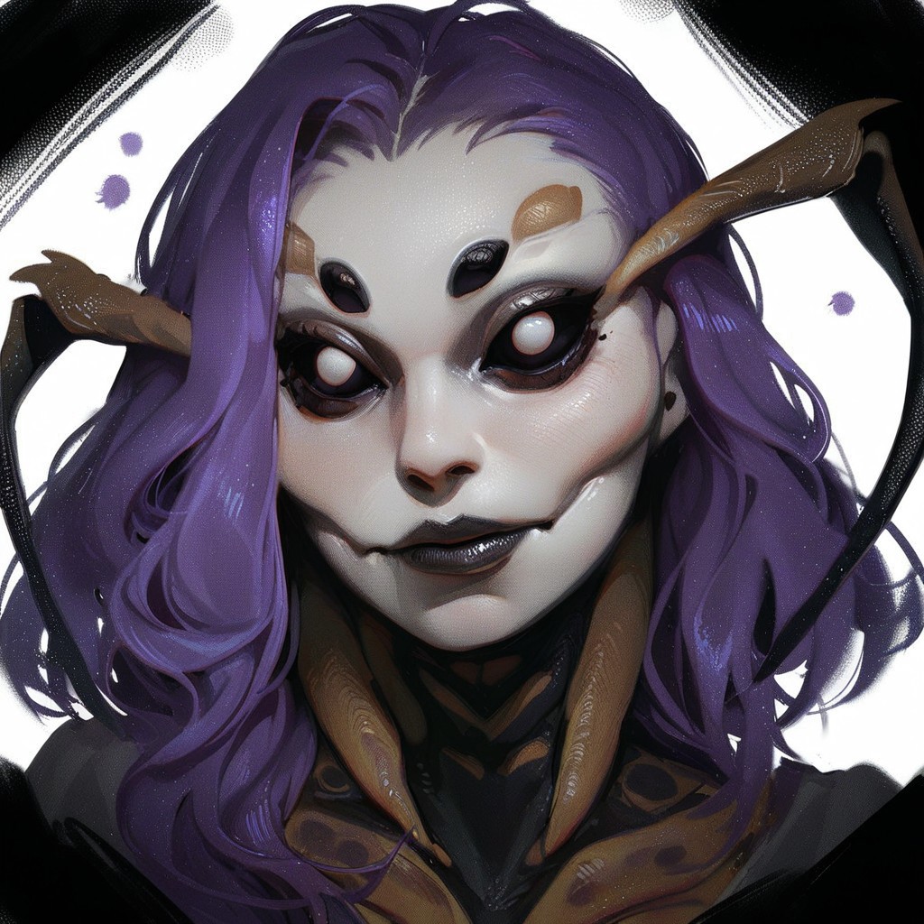 score_9, score_8_up, score_7_up, score_6_up, source_cartoon, black outlines, portrait face, (close up:1.5), white background, simple background, moth, monster girl, insectoid face, arthropod girl, extra eyes, black sclera, violet hair, pale white face, two antennae, Dvorah
