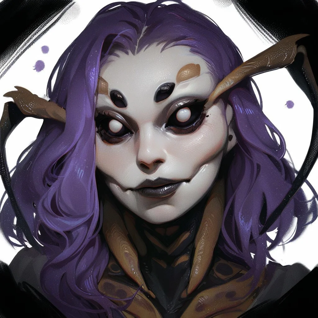 score_9, score_8_up, score_7_up, score_6_up, source_cartoon, black outlines, portrait face, (close up:1.5), white background, simple background, moth, monster girl, insectoid face, arthropod girl, extra eyes, black sclera, violet hair, pale white face, two antennae, Dvorah