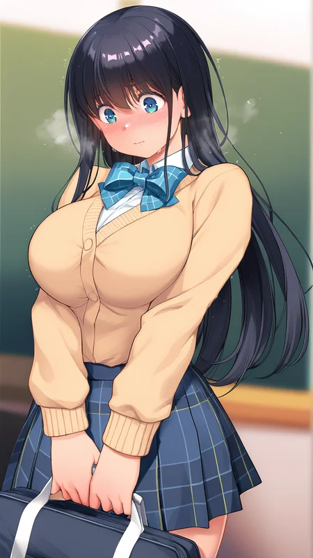 amazing quality,absurdres,best quality,masterpiece,highres,newest,detailed,detailed body,detailed face,masterpiece,best quality,solo,
ushikano,1girl,solo,long hair,skirt,school uniform,black hair,school bag,plaid,blush,bow,dutch angle,large breasts,shirt,bowtie,long sleeves,blue bow,<lora:KanojoUshinau:1>,