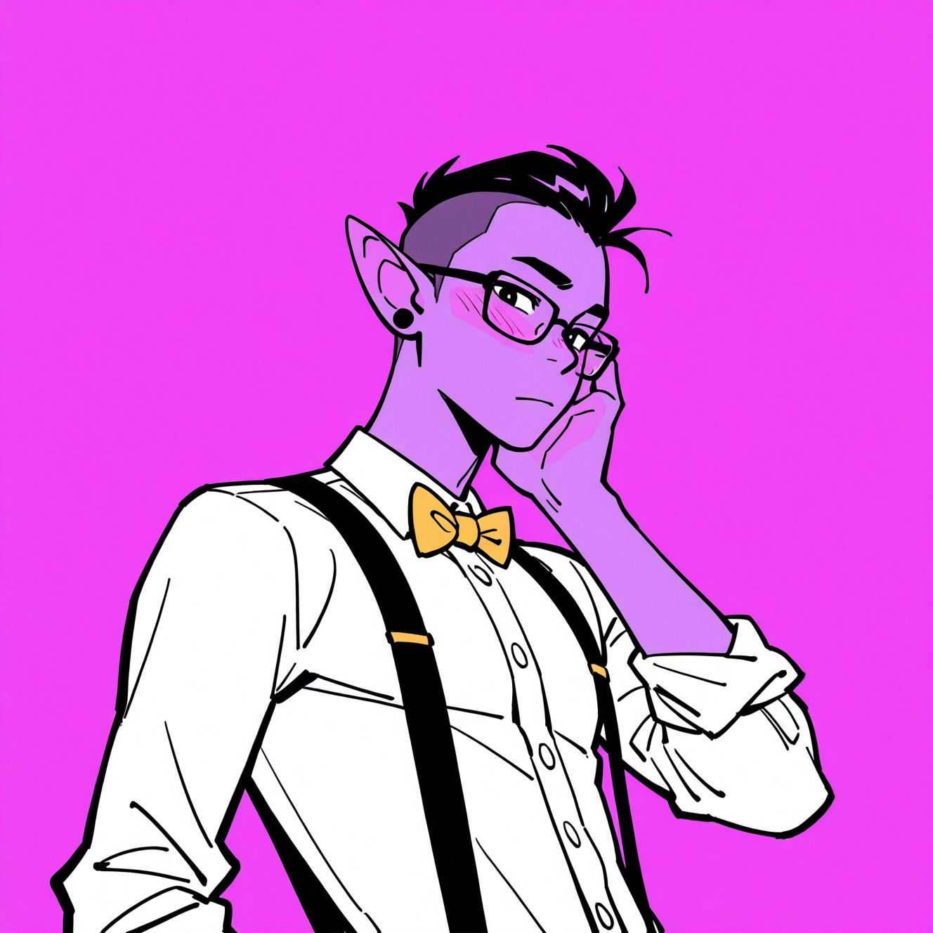 <lora:LIAM:1>
liam, solo, looking at viewer, short hair, simple background, shirt, black hair, 1boy, bow, jewelry, white shirt, upper body, male focus, earrings, collared shirt, glasses, pointy ears, bowtie, dark skin, dress shirt, colored skin, piercing, dark-skinned male, suspenders, ear piercing, yellow bow, hand on own face, sleeves rolled up, purple background, bespectacled, very short hair, limited palette, purple skin, yellow bowtie, purple theme, mohawk, blush, closed mouth, sketch
, dynamic perspective, detailed background, motion blur, film grain, abstract, natural lighting, fantasy, cinematic, dynamic view, very awa, masterpiece, best quality, absurdres, newest, perfect quality, detailed background, intricate details, (artist:fl \(l-fl\):0.7), (artist:tooboshoo:0.7), (artist:dizdoodz:0.8)