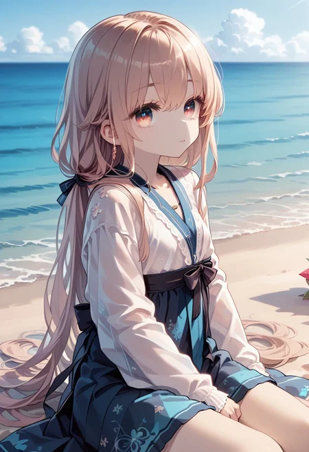 score_9, score_8_up, score_7_up, 1girl, solo, DeadflowP, best quality, masterpiece, (high gradient eyes:1.2), (best illumination, best shadow, masterpiece, high quality), colorful, lively, summer feel, many bright colors, beautiful woman with light summer clothes, loose hair, sitting on a beach with crystal clear water and white sand, bright blue sky