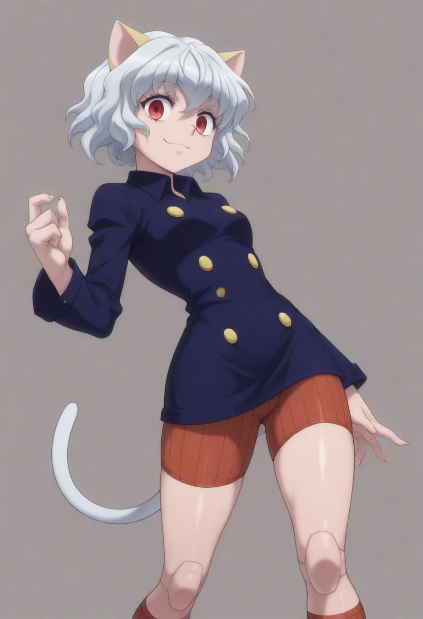 masterpiece, best quality, amazing quality, 1girl, solo,,, shiny skin,,,,,<lora:IlluPitou:1> illupitou, cat ears, cat tail, white hair, red eyes, joints, smile, 4 fingers, buttons, shorts, long sleeves, kneehighs,