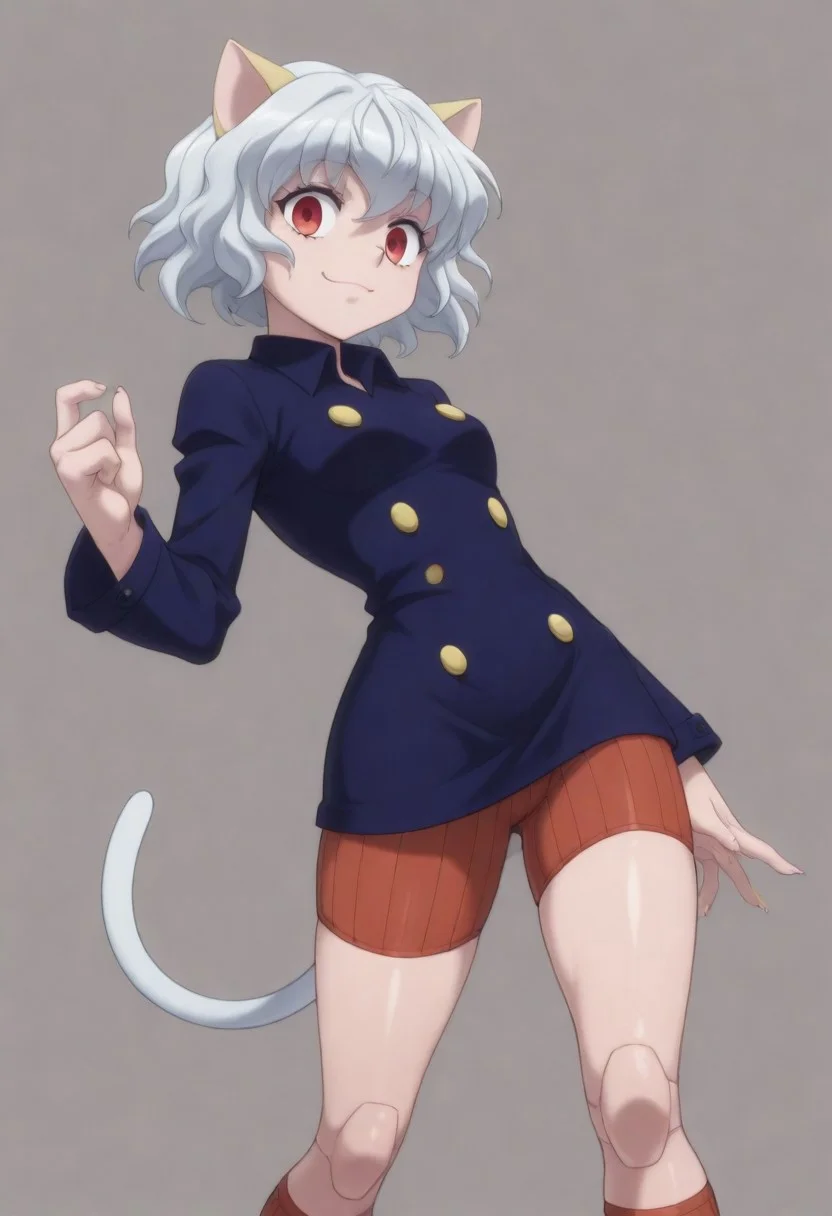 masterpiece, best quality, amazing quality, 1girl, solo,,, shiny skin,,,,,<lora:IlluPitou:1> illupitou, cat ears, cat tail, white hair, red eyes, joints, smile, 4 fingers, buttons, shorts, long sleeves, kneehighs,