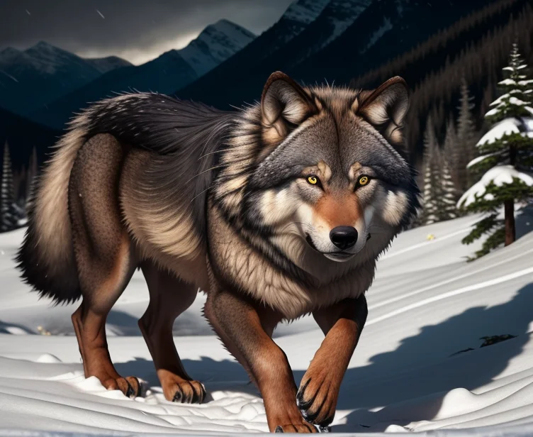 canine, wolf, furry, detailed fur, detailed body, detailed scales, green eyes, realistic hd <lora:silavra:0.6> artstyle, (extremely detailed CG unity 8k wallpaper), full shot body photo of the most beautiful artwork, professional majestic oil painting, trending on ArtStation, trending on CGSociety, Intricate, High Detail, Sharp focus, dramatic, photorealistic painting art, night, wilderness, mountains
