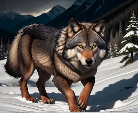 canine, wolf, furry, detailed fur, detailed body, detailed scales, green eyes, realistic hd <lora:silavra:0.6> artstyle, (extremely detailed CG unity 8k wallpaper), full shot body photo of the most beautiful artwork, professional majestic oil painting, trending on ArtStation, trending on CGSociety, Intricate, High Detail, Sharp focus, dramatic, photorealistic painting art, night, wilderness, mountains