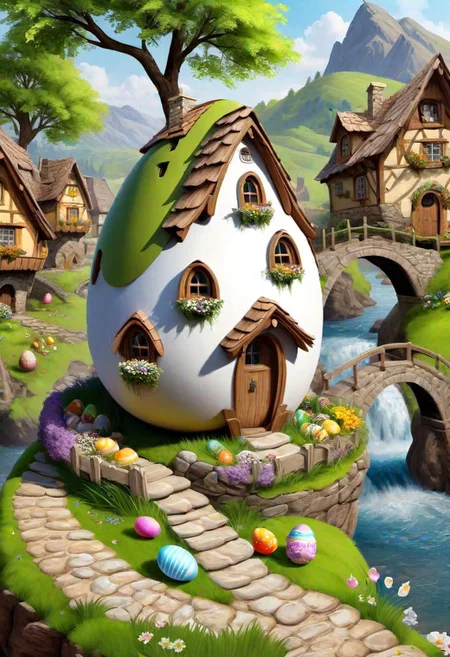 ((masterpiece, best quality)), high resolution, 32k picture, professional render, trending on artstation, 
Easter Egg Home, outdoors, nature, flower, window, grass, door,  village, a village of egg houses near a babbling brook, waterfall, bridge,