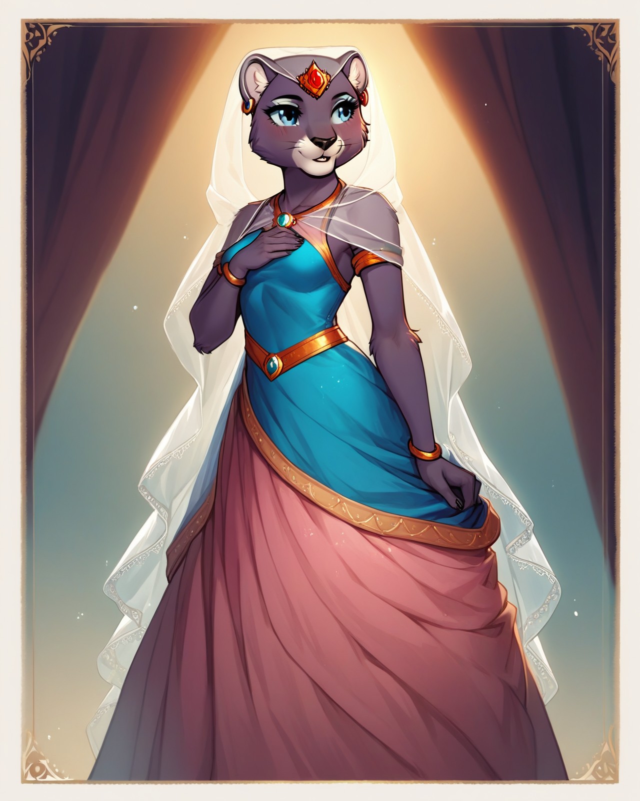 score_9,score_8,score_7,source_furry,
princess_romy, romy_panther,jewel,panther, lion ears, bald, hairless, veil, dress, indian dress, pink and blue dress,
<lora:Princess_Romy_Pony_SDXL:1> princess_romy,