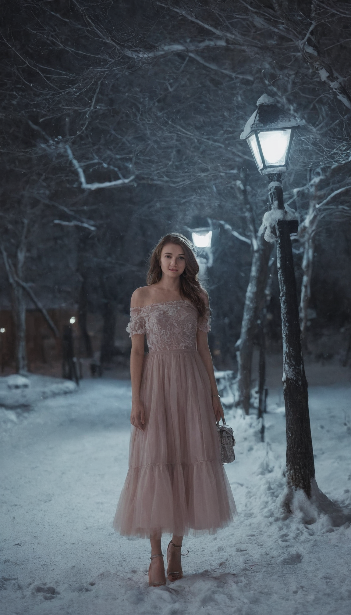 professional 3d model <lora:3vg3nylushp1n:1>,3vg3nylushp1n,architecture,scenery,evgeny,lushpin,building,outdoors,, bare tree, bell, fire, forest, lamppost, lantern, mountain, nature, night, no humans, outdoors, paper lantern, scenery, sky, snow, snowing, stairs, star \(sky\), torii, tree, winter, a pathway with lights and snow on the ground and trees in the background at night time with snow on the ground, Evgeny Lushpin, magical atmosphere, a colorized photo, neo-romanticism, 1girl, solo, looking at viewer, blue eyes, brown hair, dress, bare shoulders, upper body, multicolored hair, lips, strapless, nose, realistic, photorealistic . octane render, highly detailed, volumetric, dramatic lighting