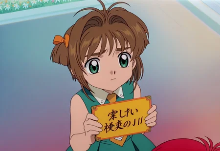 on-model, accurate art style, anime screencap, anime coloring, show accurate, cartoon screencap, movie accurate, official screencap, style parody, flat colors, official art, proper proportions, extremely detailed, newest, 2024, BREAK, CCS_Character-Pack, BREAK, 1girl, kinomoto sakura, brown hair, short hair, bangs, antenna hair, hair intakes, green eyes, sleeveless, dress, sleeveless dress, green dress, necktie, collared dress, yellow necktie, hair intakes, red hair ribbon, two sides up, puzzled, BREAK, 1boy, li syaoran, brown hair, short hair, bangs, thick eyebrows, brown eyes, yellow t-shirt, blue shorts, white socks, black sandals, confused, BREAK, hetero, couple, BREAK, 1other, kero, holding a sign with text "donate some buzz", BREAK, detailed background, outdoors, lemonade stand, downtown, BREAK, cowboy shot, BREAK, vibrant colors, cinematic lighting, 75% soft lighting, 25% dark lighting, cardcaptor sakura movie 1, cardcaptor sakura anime, DISNEY_ANIMATION, buzz